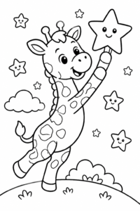 Adorable Giraffe Playing with Stars Doodle Page coloring page
