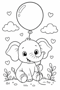 Baby Elephant with Balloon Doodle Card coloring page