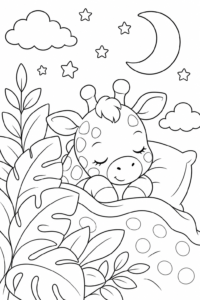 Baby Giraffe Peeking Behind Leaves Coloring Card coloring page
