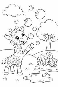Baby Giraffe Playing with Bubbles Doodle Page coloring page