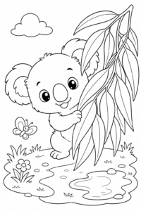Baby Koala Peeking Behind Eucalyptus Leaves Coloring Card coloring page
