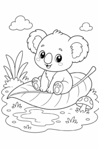 Baby Koala Sitting on a Big Leaf Coloring Page coloring page