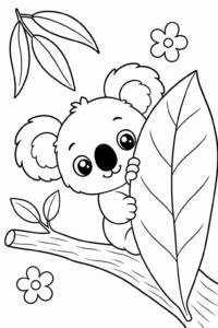 Baby Koala Sleeping on a Tree Branch Printable Coloring Page coloring page