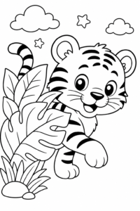 Baby Tiger Peeking Behind Leaves Coloring Card coloring page