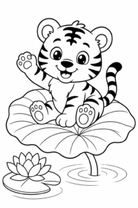 Baby Tiger Sitting on a Big Leaf Coloring Page coloring page