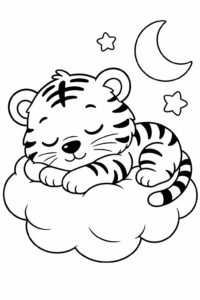 Baby Tiger Sleeping on a Cloud Printable Coloring Page coloring page