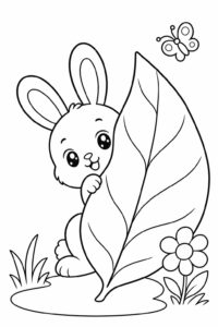 Baby White Bunny Sitting on a Big Leaf Coloring Page coloring page