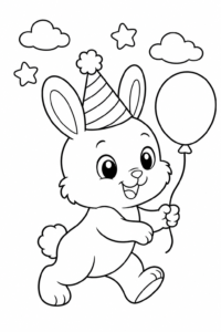 Baby White Bunny Wearing a Birthday Hat Printable Card coloring page