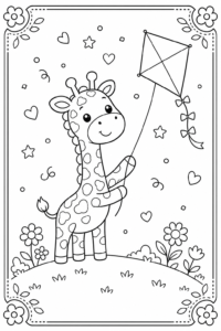 Cheerful Giraffe Flying a Kite Doodle Card coloring page
