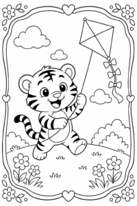 Cheerful Tiger Cub Flying a Kite Doodle Card coloring page