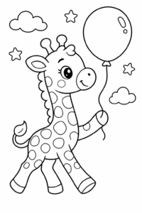 Cute Baby Giraffe Holding a Balloon Doodle Card coloring page