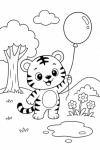 Cute Baby Tiger Holding a Balloon Doodle Card coloring page