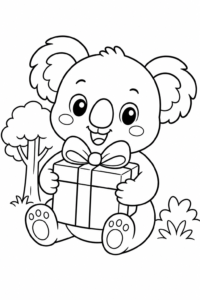 Cute Koala with a Gift Box Printable Coloring Page coloring page