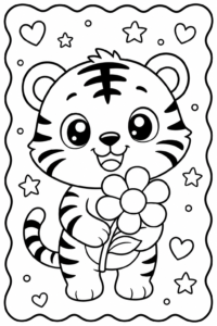 Cute Tiger Carrying a Flower Doodle Card coloring page
