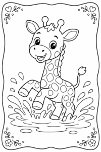 Friendly Giraffe Splashing in a Puddle Coloring Sheet coloring page