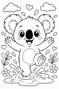Friendly Koala Splashing in a Puddle Coloring Sheet coloring page