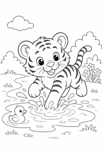 Friendly Tiger Cub Splashing in a Puddle Coloring Sheet coloring page