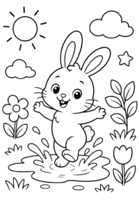 Friendly White Bunny Splashing in a Puddle Coloring Sheet coloring page