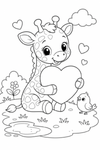 Giraffe Calf Hugging a Heart Printable Coloring Page coloring page