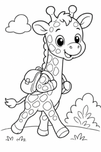 Giraffe Calf Walking with a Tiny Backpack Coloring Card coloring page