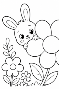 Happy Little White Rabbit Sitting with Flowers Coloring Page coloring page