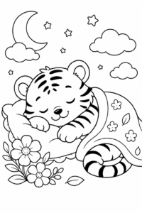 Happy Tiger Cub Sitting with Flowers Coloring Page coloring page