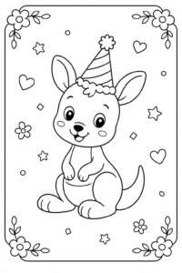Little Kangaroo Wearing a Birthday Hat Printable Card coloring page