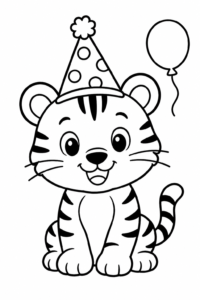 Little Tiger Wearing a Birthday Hat Printable Card coloring page