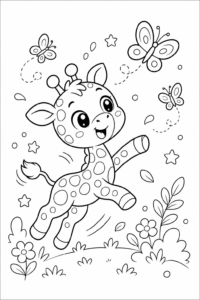 Playful Baby Giraffe Chasing Butterflies Coloring Sheet coloring page