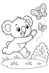 Playful Baby Koala Chasing Butterflies Coloring Sheet coloring page