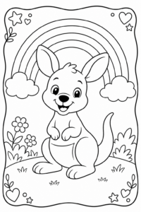 Smiling Baby Kangaroo Under a Rainbow Doodle Page coloring page