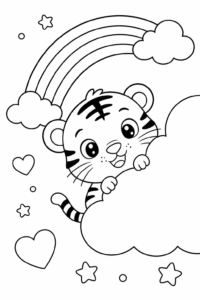 Smiling Baby Tiger Under a Rainbow Doodle Page coloring page