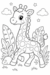 Sweet Giraffe with Simple Jungle Leaves Coloring Page coloring page