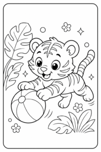 Sweet Tiger Cub with Simple Jungle Leaves Coloring Page coloring page