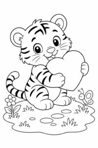 Tiger Cub Hugging a Heart Printable Coloring Page coloring page