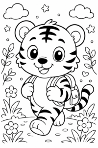 Tiger Cub Walking with a Tiny Backpack Coloring Card coloring page