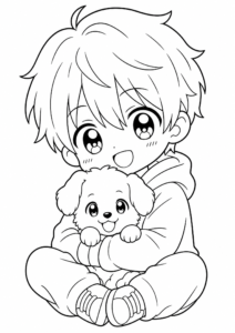 Anime Boy Holding a Little Puppy coloring page