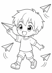 Anime Boy Playing with Paper Airplanes coloring page