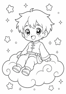 Anime Boy Riding a Cloud coloring page