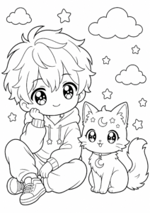 Anime Boy Sitting Beside a Magical Cat coloring page