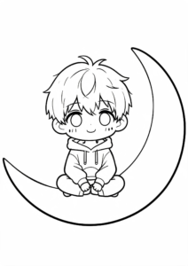 Anime Boy Sitting on a Crescent Moon coloring page
