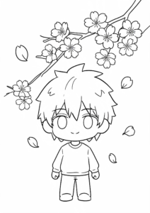 Anime Boy Standing Under Cherry Blossoms coloring page