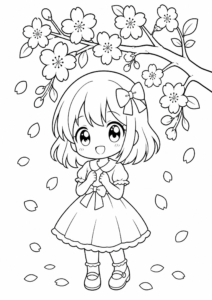 Anime Girl Standing Under Cherry Blossoms coloring page