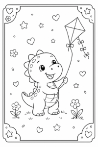 Baby Dinosaur Flying a Kite Doodle Card coloring page
