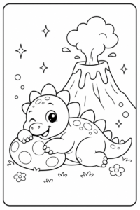 Baby Dinosaur Resting Near a Volcano Printable Coloring Sheet coloring page