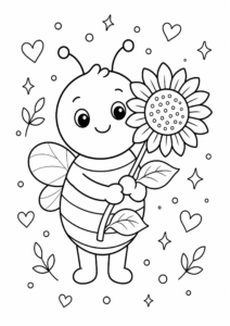 Bee Flying Around a Sunflower Doodle Card coloring page