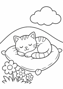 Cat Sleeping on a Cozy Pillow Doodle Page coloring page