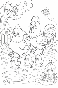 Chicken Family Walking in the Yard Coloring Card coloring page