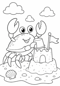 Crab Building a Sandcastle Printable Coloring Sheet coloring page