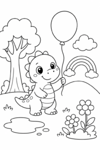 Cute Baby Dinosaur Holding a Balloon Doodle Card coloring page